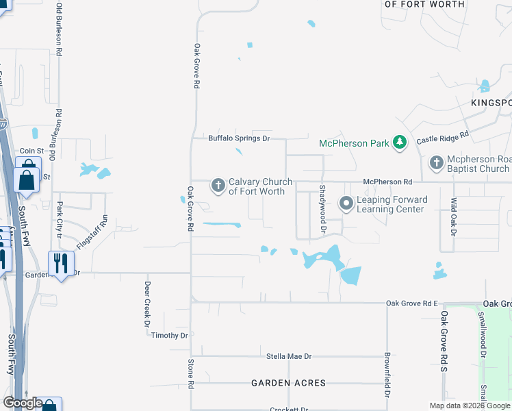 map of restaurants, bars, coffee shops, grocery stores, and more near 800 McPherson Road in Fort Worth