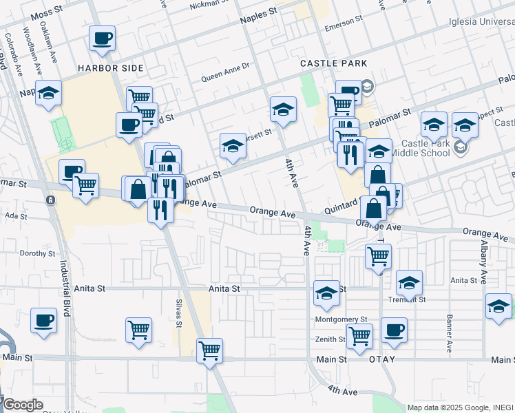 map of restaurants, bars, coffee shops, grocery stores, and more near 1354 Costa Avenue in Chula Vista