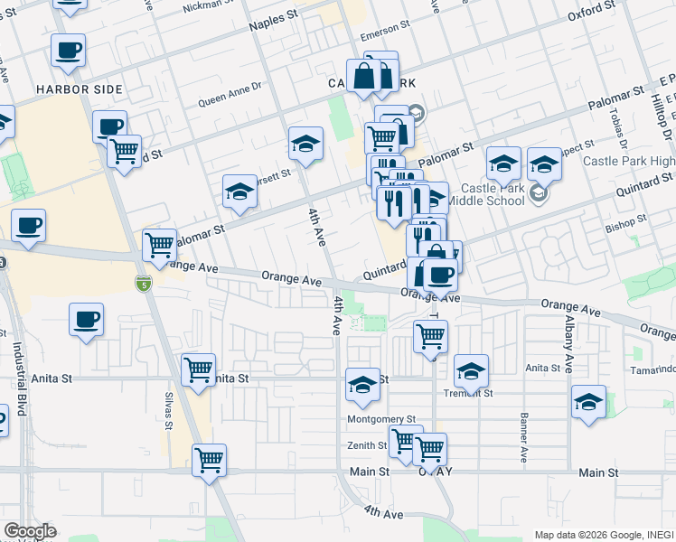 map of restaurants, bars, coffee shops, grocery stores, and more near 398 Quintard Street in Chula Vista