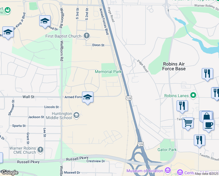 map of restaurants, bars, coffee shops, grocery stores, and more near Marion Way in Warner Robins