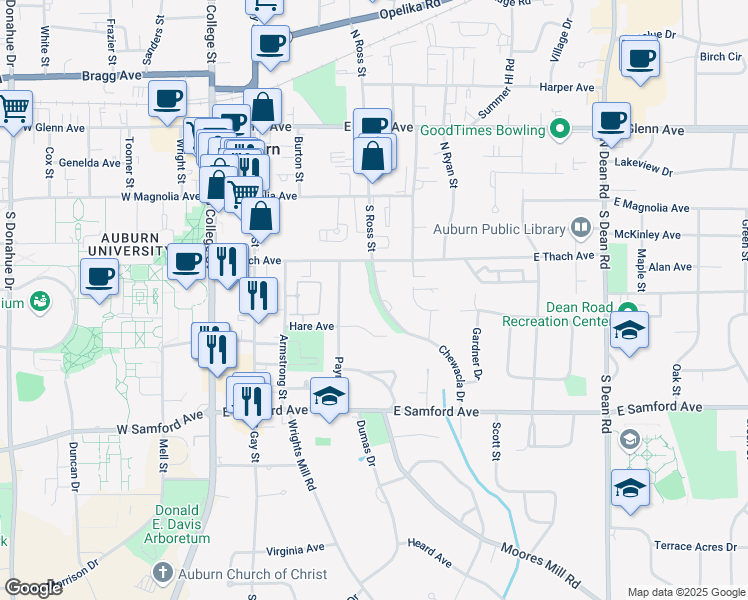 map of restaurants, bars, coffee shops, grocery stores, and more near 253 Chewacla Drive in Auburn