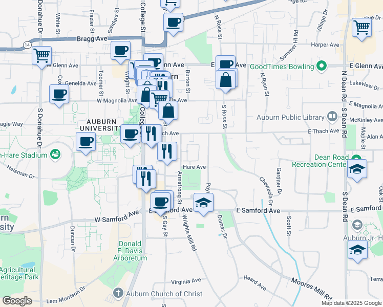 map of restaurants, bars, coffee shops, grocery stores, and more near 221 Armstrong Street in Auburn
