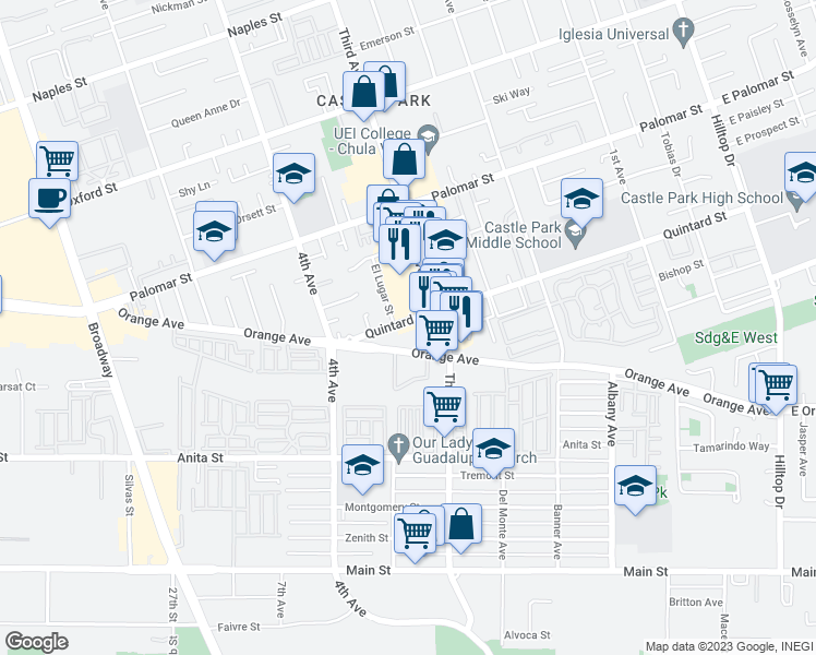 map of restaurants, bars, coffee shops, grocery stores, and more near 333 Quintard Street in Chula Vista