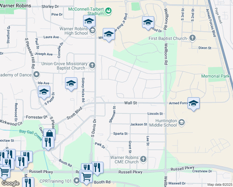 map of restaurants, bars, coffee shops, grocery stores, and more near 978 Brookley Avenue in Warner Robins