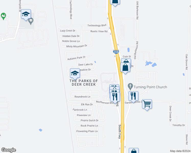 map of restaurants, bars, coffee shops, grocery stores, and more near 305 Arbor Glen Drive in Fort Worth