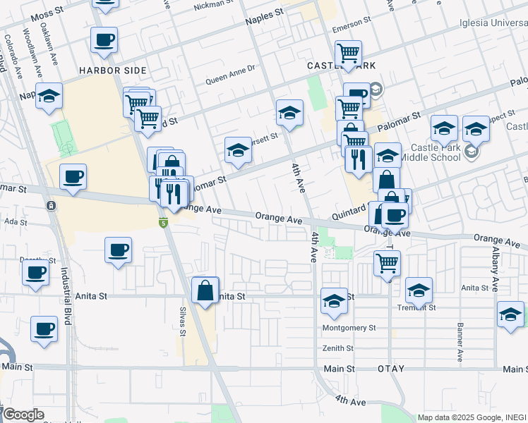 map of restaurants, bars, coffee shops, grocery stores, and more near 1354 Costa Avenue in Chula Vista