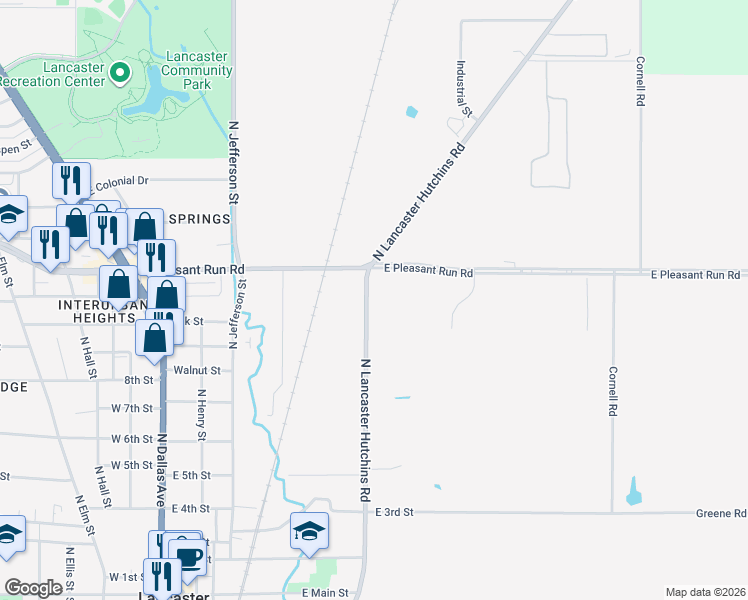 map of restaurants, bars, coffee shops, grocery stores, and more near 1104 North Lancaster Hutchins Road in Lancaster