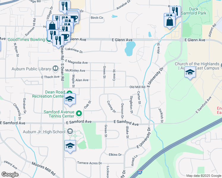 map of restaurants, bars, coffee shops, grocery stores, and more near 227 Denson Drive in Auburn