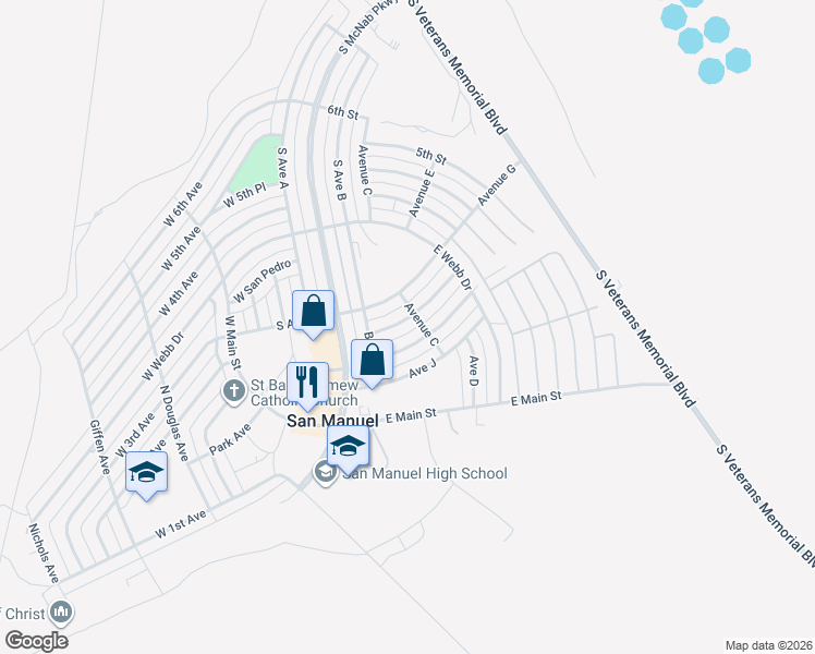 map of restaurants, bars, coffee shops, grocery stores, and more near 111 Avenue I in San Manuel