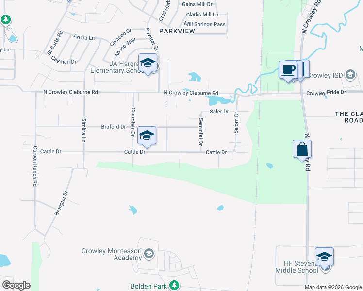 map of restaurants, bars, coffee shops, grocery stores, and more near 2324 Cattle Drive in Crowley