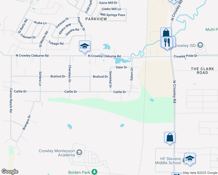 map of restaurants, bars, coffee shops, grocery stores, and more near 2200 Cattle Drive in Crowley
