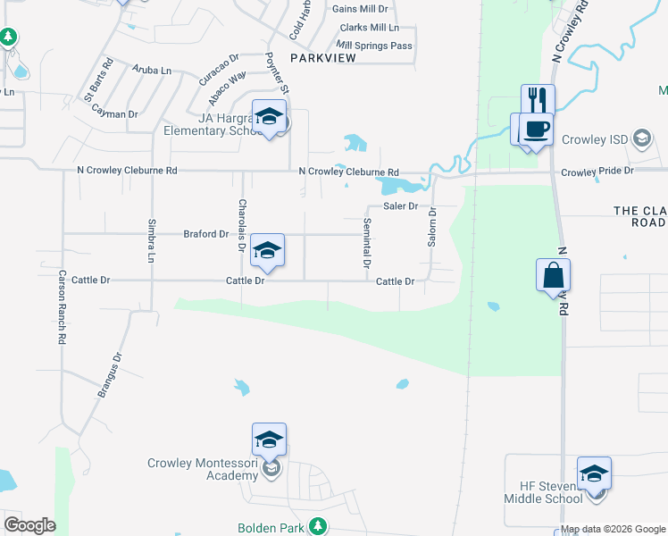 map of restaurants, bars, coffee shops, grocery stores, and more near 2324 Cattle Drive in Crowley