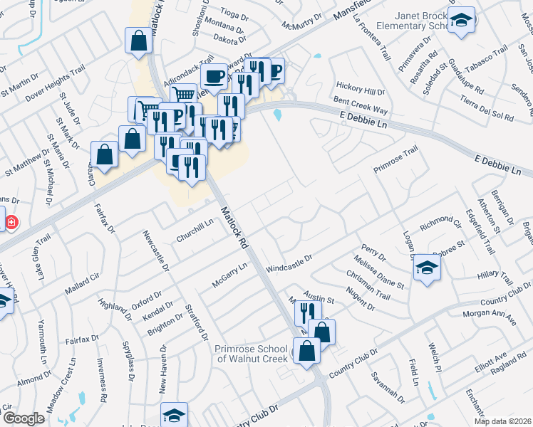 map of restaurants, bars, coffee shops, grocery stores, and more near 1809 Walnut Hills Lane in Mansfield