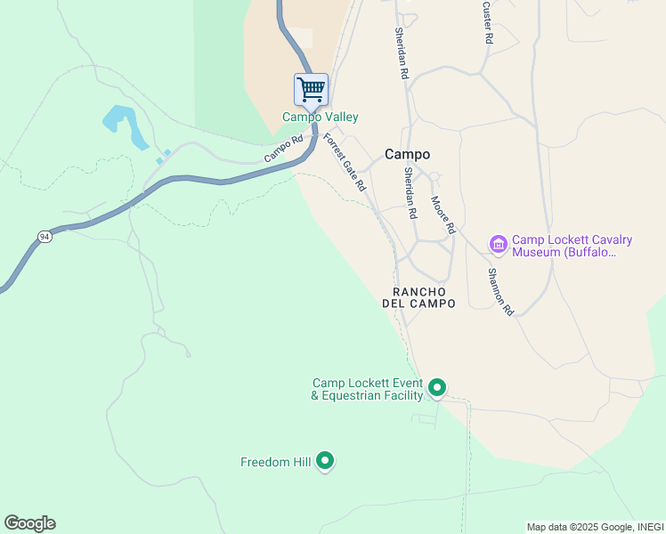 map of restaurants, bars, coffee shops, grocery stores, and more near 30975 California 94 in Campo