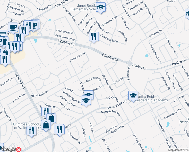 map of restaurants, bars, coffee shops, grocery stores, and more near 2307 Richmond Circle in Mansfield