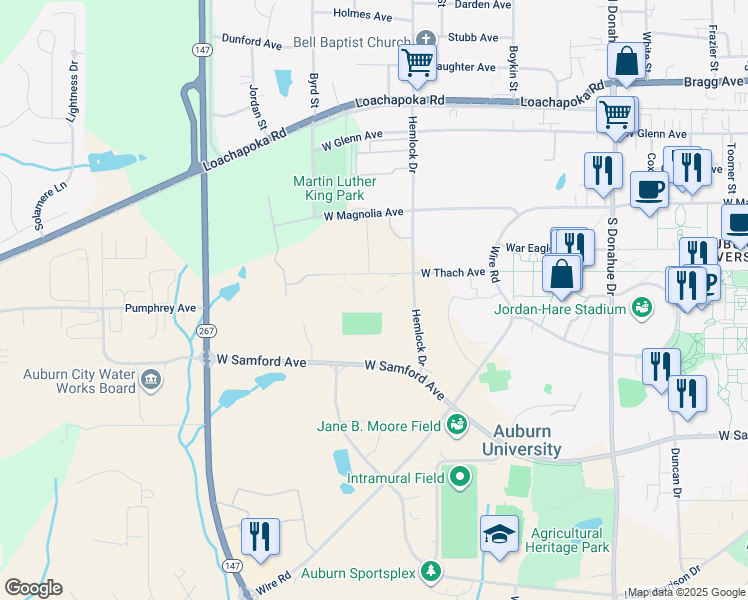 map of restaurants, bars, coffee shops, grocery stores, and more near Linden Avenue in Auburn