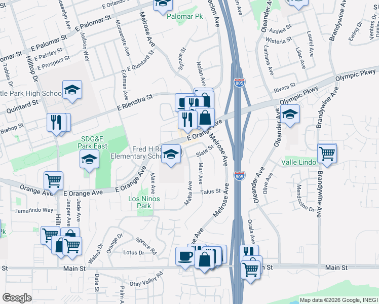 map of restaurants, bars, coffee shops, grocery stores, and more near 1537 Malta Avenue in Chula Vista