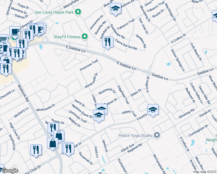 map of restaurants, bars, coffee shops, grocery stores, and more near 2308 Richmond Circle in Mansfield