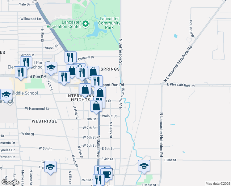 map of restaurants, bars, coffee shops, grocery stores, and more near 1206 River Oaks Circle in Lancaster