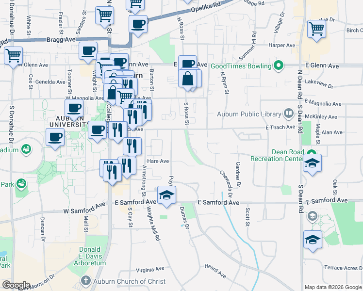 map of restaurants, bars, coffee shops, grocery stores, and more near 245 Payne Street in Auburn
