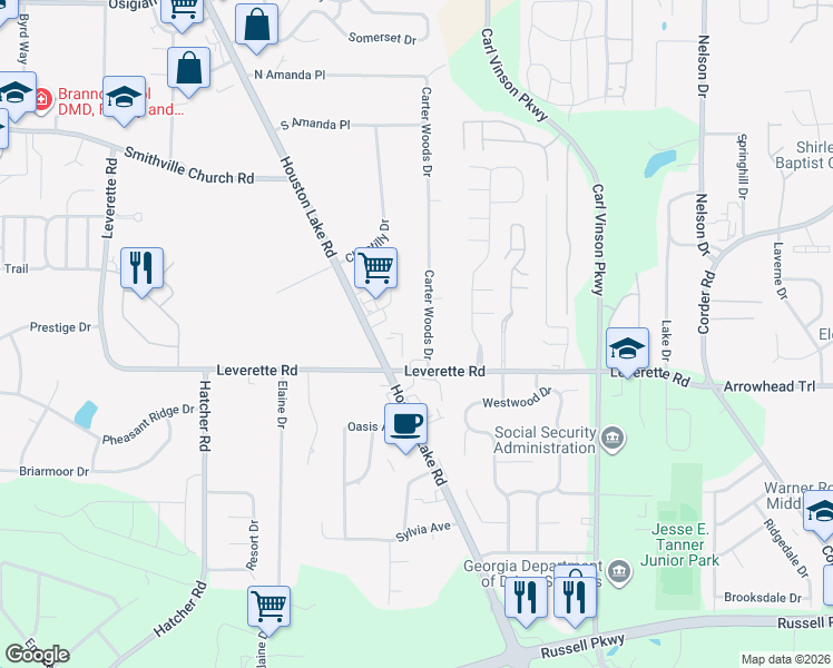 map of restaurants, bars, coffee shops, grocery stores, and more near 102 Carter Woods Drive in Warner Robins