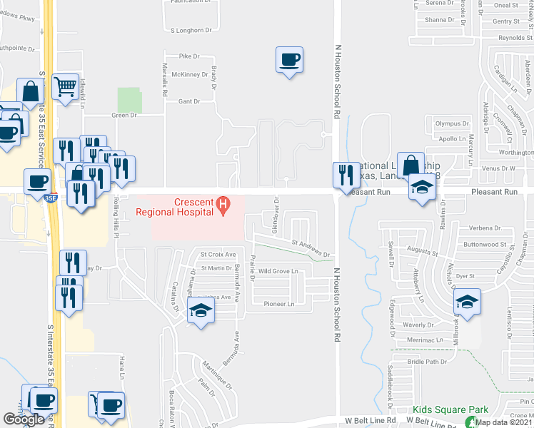 map of restaurants, bars, coffee shops, grocery stores, and more near 1425 Glendover Court in Lancaster