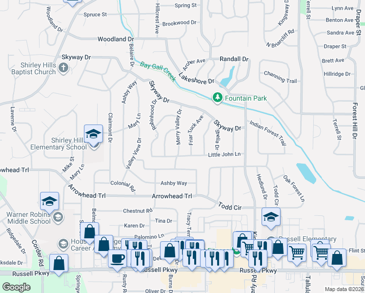 map of restaurants, bars, coffee shops, grocery stores, and more near 148 Little John Lane in Warner Robins