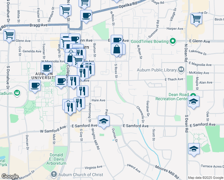 map of restaurants, bars, coffee shops, grocery stores, and more near 245 Payne Street in Auburn