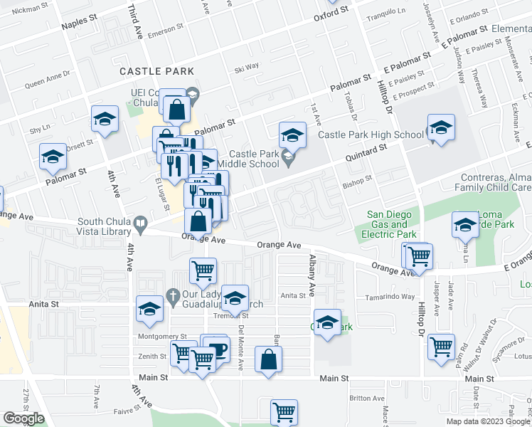 map of restaurants, bars, coffee shops, grocery stores, and more near 1470 2nd Avenue in Chula Vista