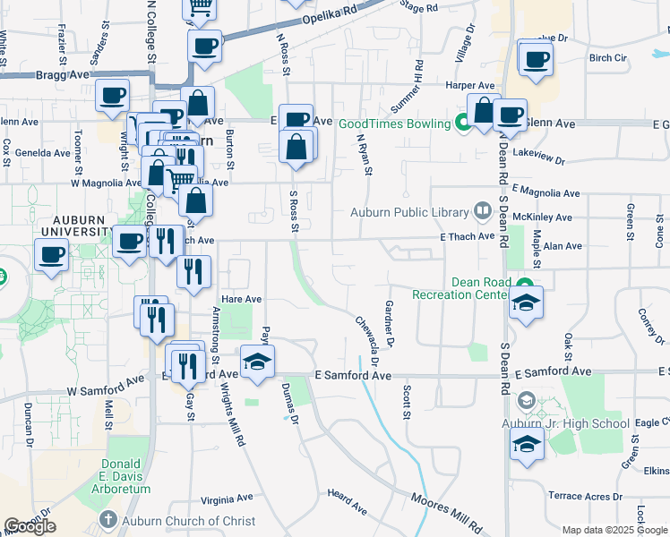 map of restaurants, bars, coffee shops, grocery stores, and more near 518 Auburn Drive in Auburn