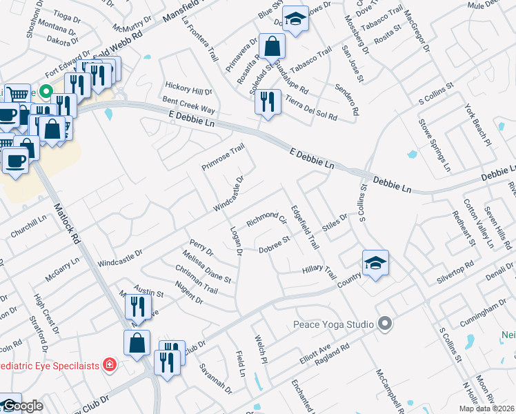 map of restaurants, bars, coffee shops, grocery stores, and more near 2300 Laura Elizabeth Trail in Mansfield