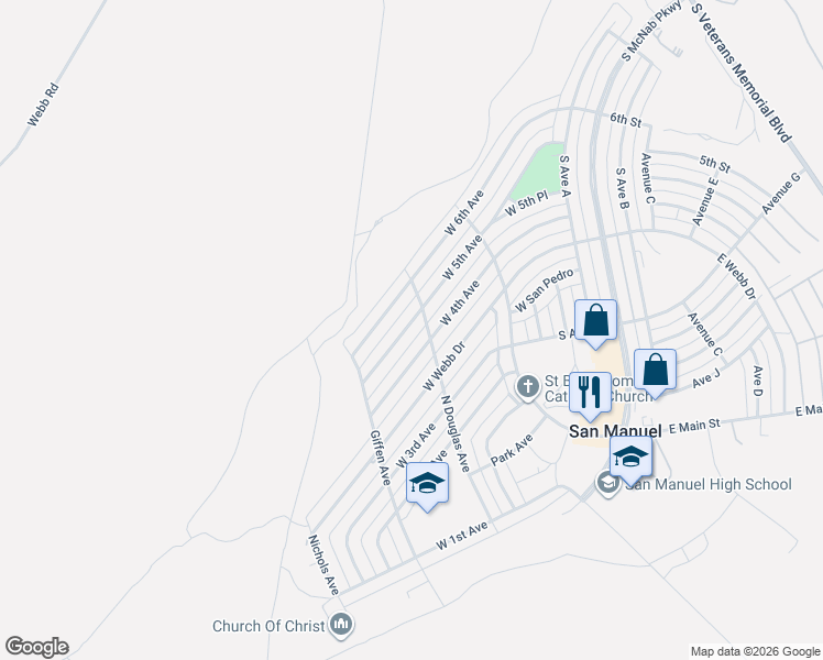 map of restaurants, bars, coffee shops, grocery stores, and more near 905 West 5th Avenue in San Manuel