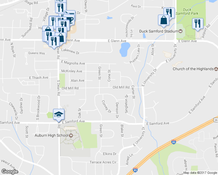 map of restaurants, bars, coffee shops, grocery stores, and more near 1120 Old Mill Road in Auburn