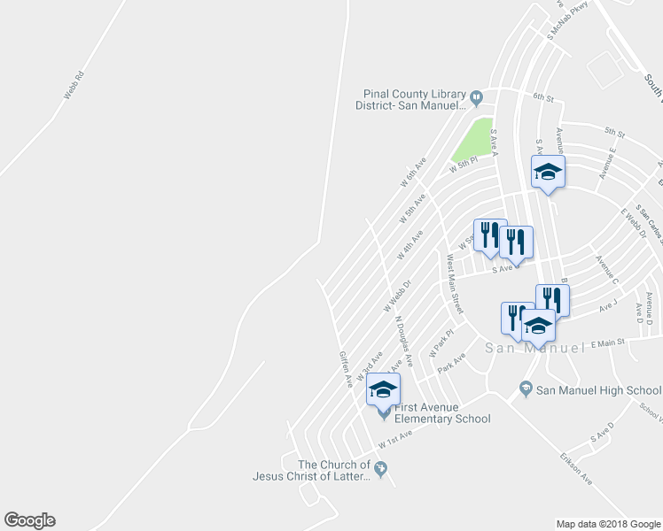 map of restaurants, bars, coffee shops, grocery stores, and more near 926 West 6th Avenue in San Manuel