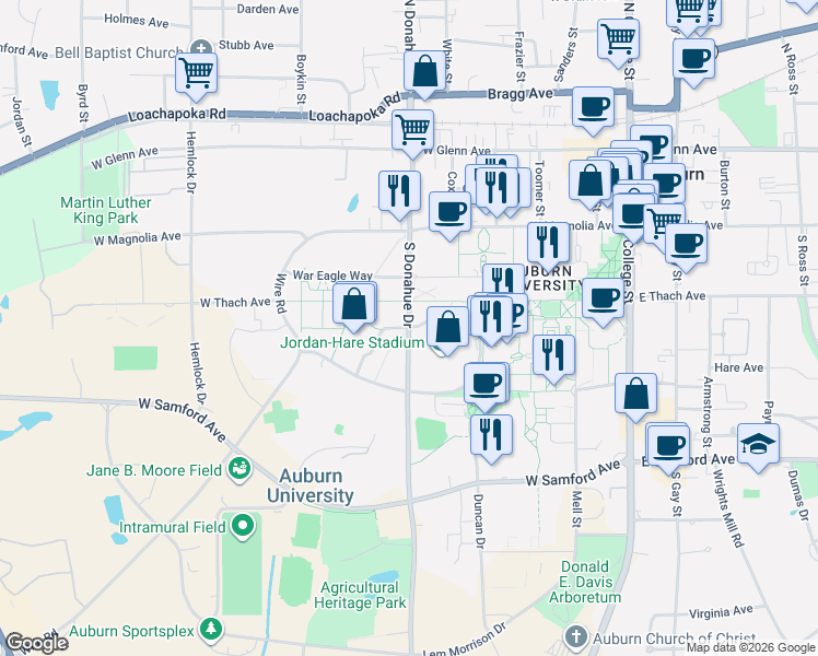 map of restaurants, bars, coffee shops, grocery stores, and more near Heisman Drive in Auburn