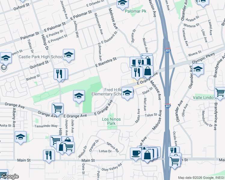 map of restaurants, bars, coffee shops, grocery stores, and more near 153 Rainier Court in Chula Vista