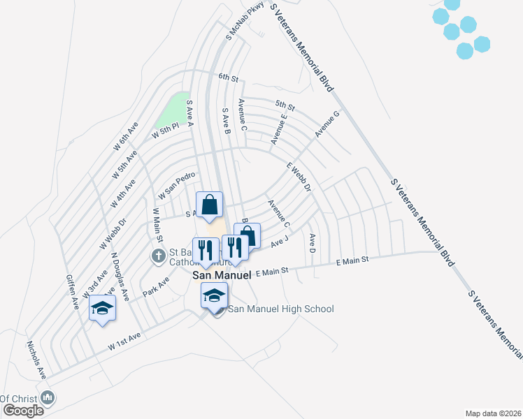map of restaurants, bars, coffee shops, grocery stores, and more near 111 Avenue I in San Manuel
