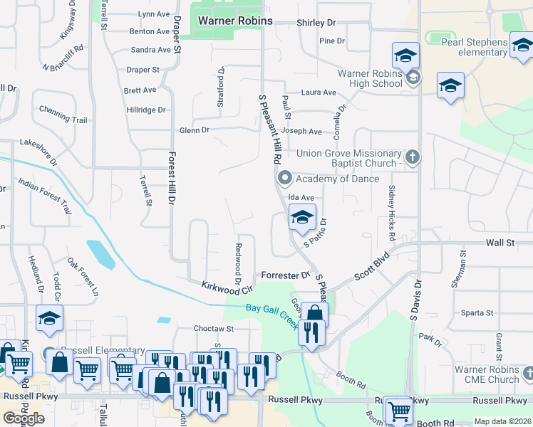map of restaurants, bars, coffee shops, grocery stores, and more near 112A Garland Terrace in Warner Robins