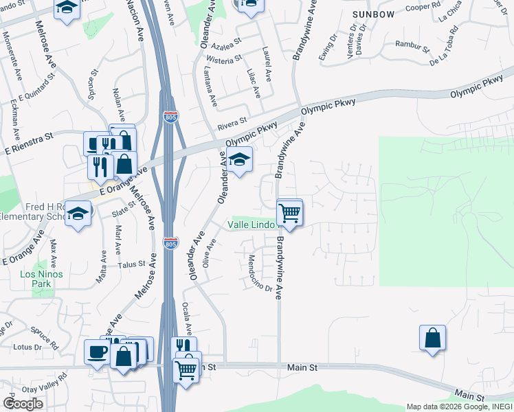 map of restaurants, bars, coffee shops, grocery stores, and more near 1515 Oleander Avenue in Chula Vista