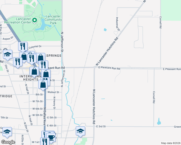 map of restaurants, bars, coffee shops, grocery stores, and more near 645 West Pleasant Run Road in Lancaster