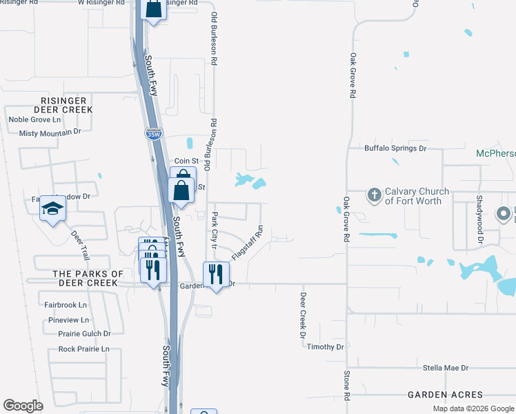 map of restaurants, bars, coffee shops, grocery stores, and more near 10500 Flagstaff Run in Fort Worth
