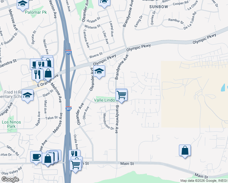 map of restaurants, bars, coffee shops, grocery stores, and more near 1546 Sonora Drive in Chula Vista