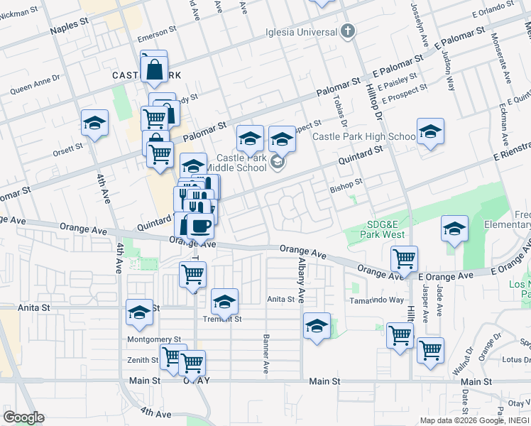 map of restaurants, bars, coffee shops, grocery stores, and more near 1435 2nd Avenue in Chula Vista