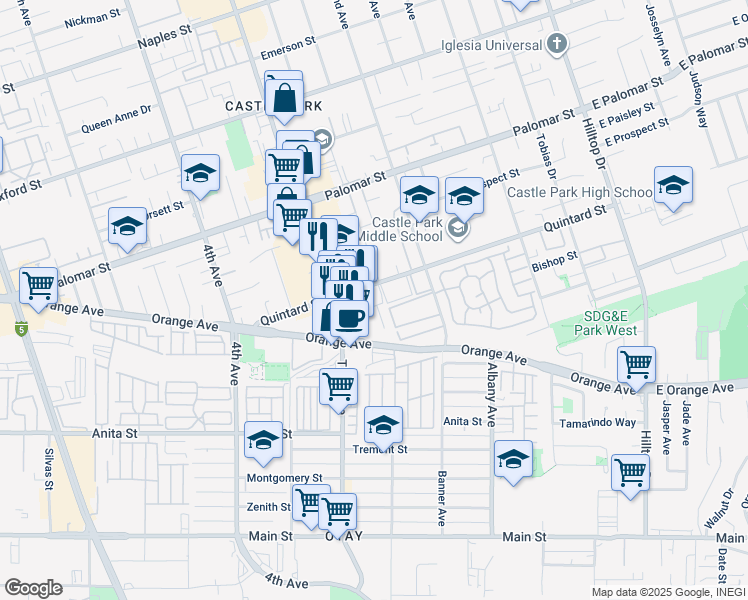 map of restaurants, bars, coffee shops, grocery stores, and more near 255 Quintard Street in Chula Vista