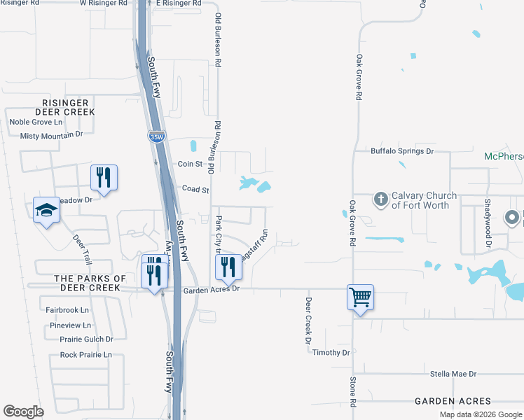 map of restaurants, bars, coffee shops, grocery stores, and more near 10500 Flagstaff Run in Fort Worth