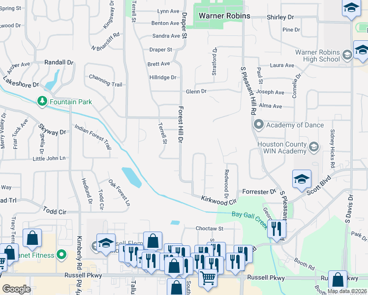 map of restaurants, bars, coffee shops, grocery stores, and more near 302 Forest Hill Drive in Warner Robins