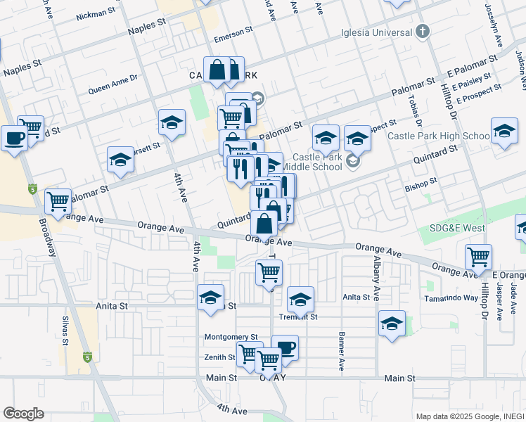 map of restaurants, bars, coffee shops, grocery stores, and more near Third Avenue & Quintard Street in Chula Vista