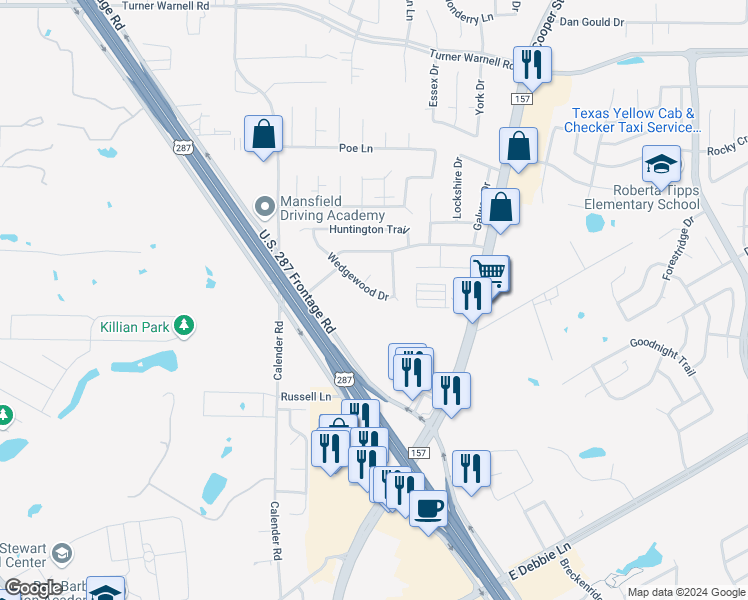 map of restaurants, bars, coffee shops, grocery stores, and more near 1116 Wedgewood Drive in Mansfield