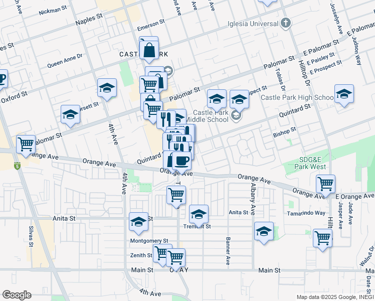 map of restaurants, bars, coffee shops, grocery stores, and more near 271-73 Quintard Street in Chula Vista