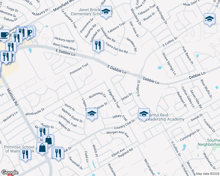 map of restaurants, bars, coffee shops, grocery stores, and more near 501 Sandberry Street in Arlington
